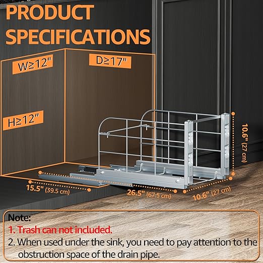 Pull Out Trash Can Under Cabinet with Soft-Close Slides,Heavy Duty 40 Qt Under Sink Trash Can for Kitchen,Garbage Can Not Included, Requires Minimum Cabinets Opening 12" W X 17" D