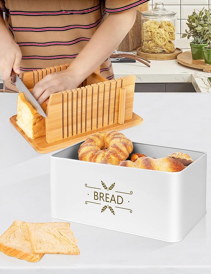 3 in 1 Bread Slicer for Homemade Bread with Box, Metal Bread Storage Container, Foldable Slicer Guide for Kitchen Countertop