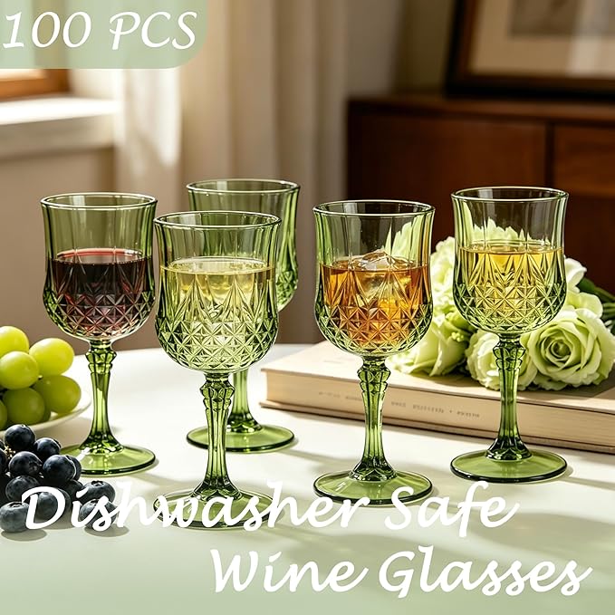 Plastic Wine Glasses, Plastic Goblets Vintage Style Cordial Unbreakable Drinking Glasses, Reusable Drinkware for Wedding Reception, Grand Event Party Supplies (100, New Green)