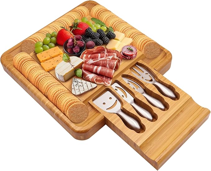 Sarolta Homewares Bamboo Cheese & Sushi Cutting Board and Platter with Brushed Stainless Steel Cutlery Set - Single Set