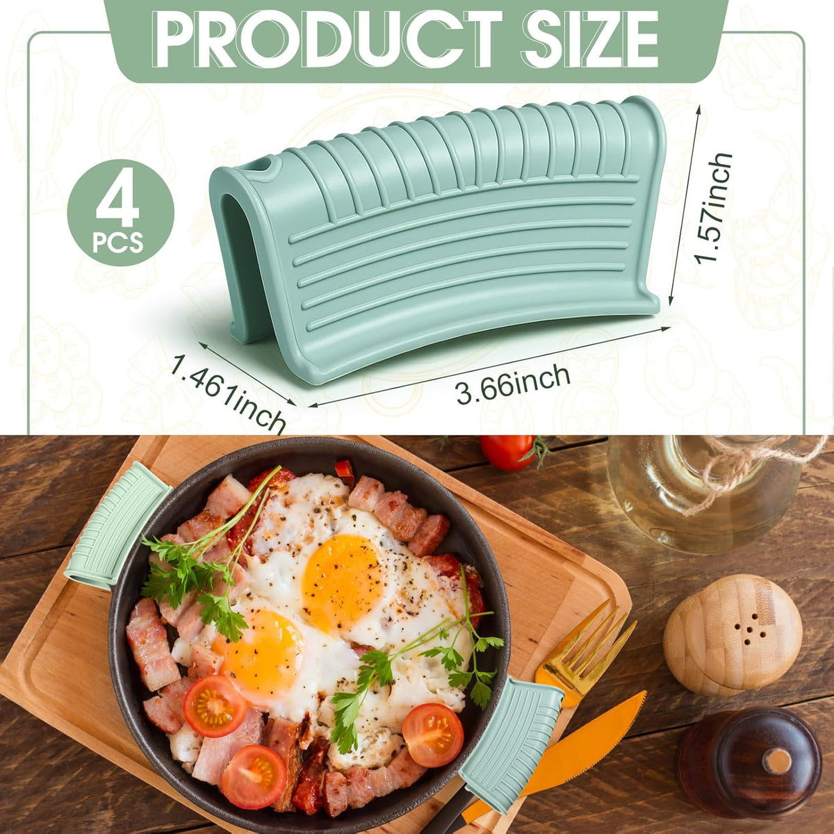 Patelai 4 Pcs Silicone Assist Hot Pan Handle Holder Pot Handle Covers for Cast Iron Skillets Holder Sleeve Nonslip Heat Resistant Pan Cover for Enameled Griddles Casserole Frying Cookware(Mint Green)
