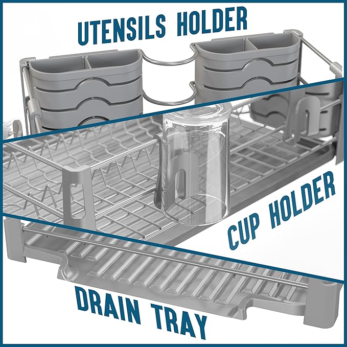 Simple Houseware Dish Drying Rack with Drainboard, Utensil Holder & Mug Hooks, Silver Metal Kitchen Counter Organizer