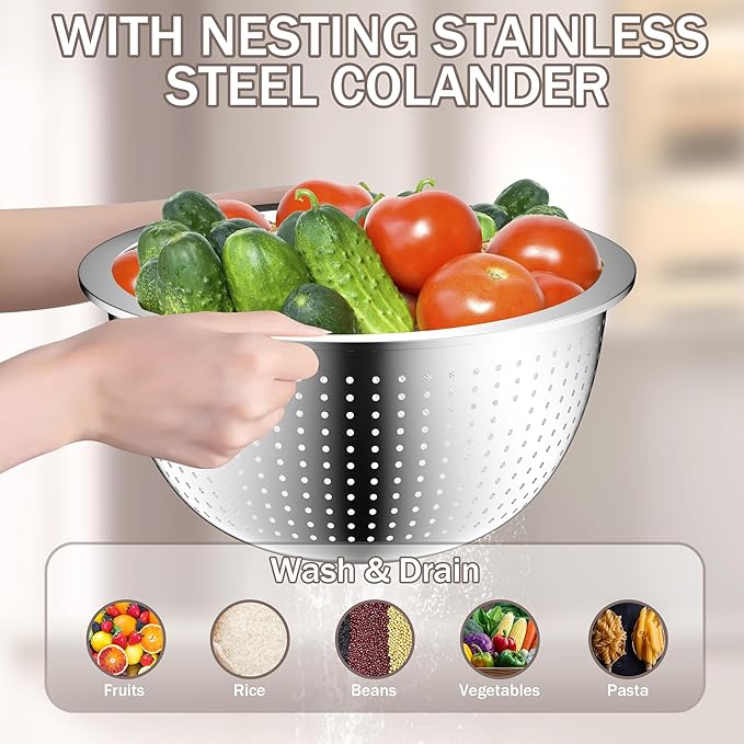 DUTZUN Stainles Steel Mixing Bowls with Lids Set, Stackable Metal Mixing & Serving Bowl with Strainer, 5-Piece - Beige
