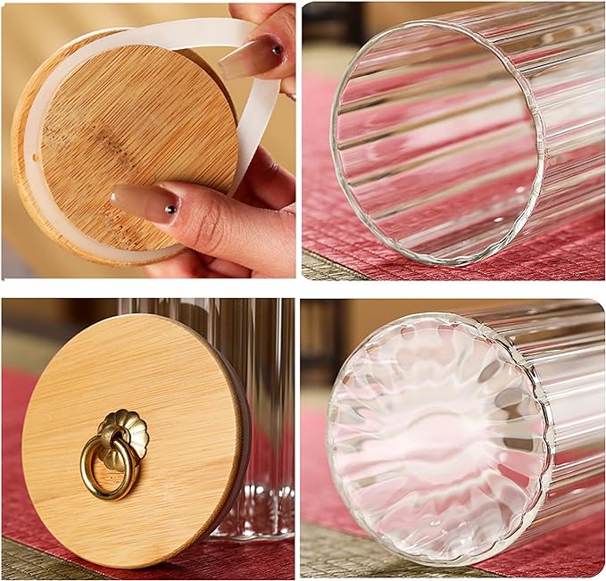 FANTESTICRYAN Glass Storage Jars Set of 5, Decorative Coffee Bar Container with Airtight Bamboo Lid Metal Ring for Home Kitchen Storing Candy, Cookie, Pasta, Nuts, Oatmeal and Bathroom Salt