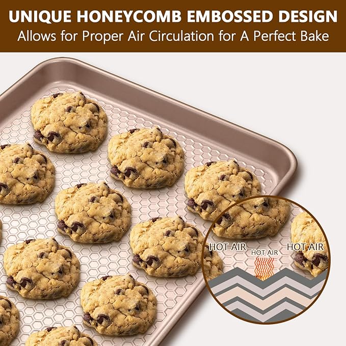 Wildone Baking Sheet Pan Set, Honeycomb Embossed Nonstick Baking Sheet 15x10 In, Thicker Carbon Steel Cookie Sheet, Even Heating Jelly Roll Pan, Rose Gold, 2 Pack