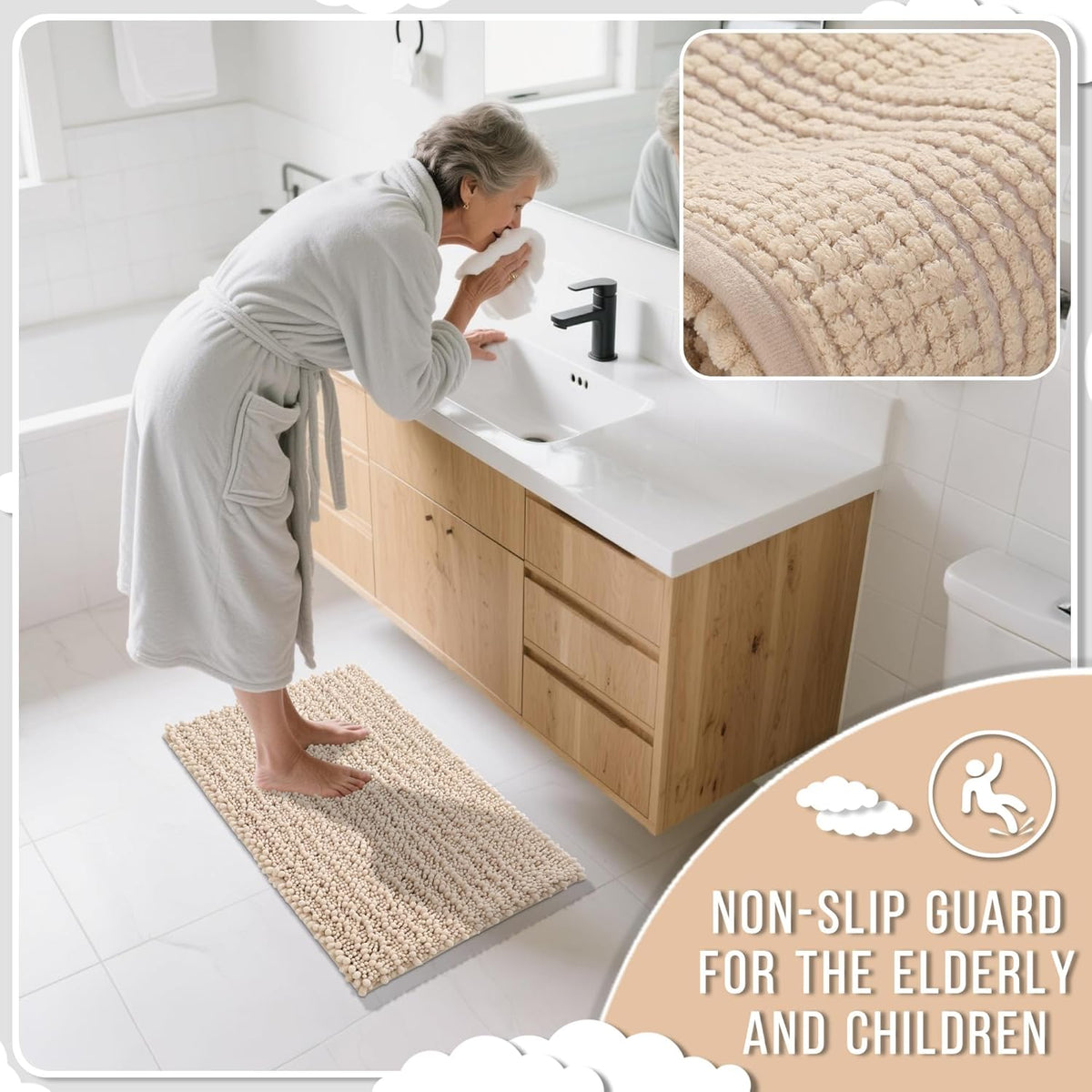Yimobra Bathroom Runner Rug 60x24 Inch - Extra Long Non Slip Chenille Bath Mat, Soft & Absorbent, Machine Washable Shaggy Hallway Carpet for Vanity Tub Shower, Light Brown Home Decor Accessories