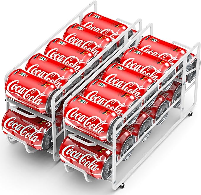 Canyave Soda Can Organizer Storage Rack, 2 Pack Stackable Beverage Soda Can Dispenser Organizer Holder for Refrigerator, Cabinet, Pantry (White)