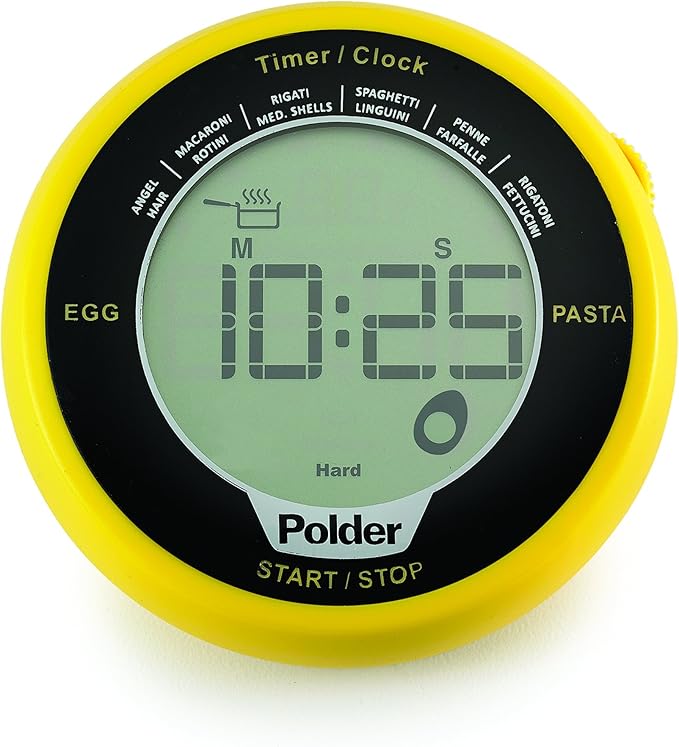 Polder Digital Egg and Pasta Timer with Preset Times and Built-in Clock, Yellow