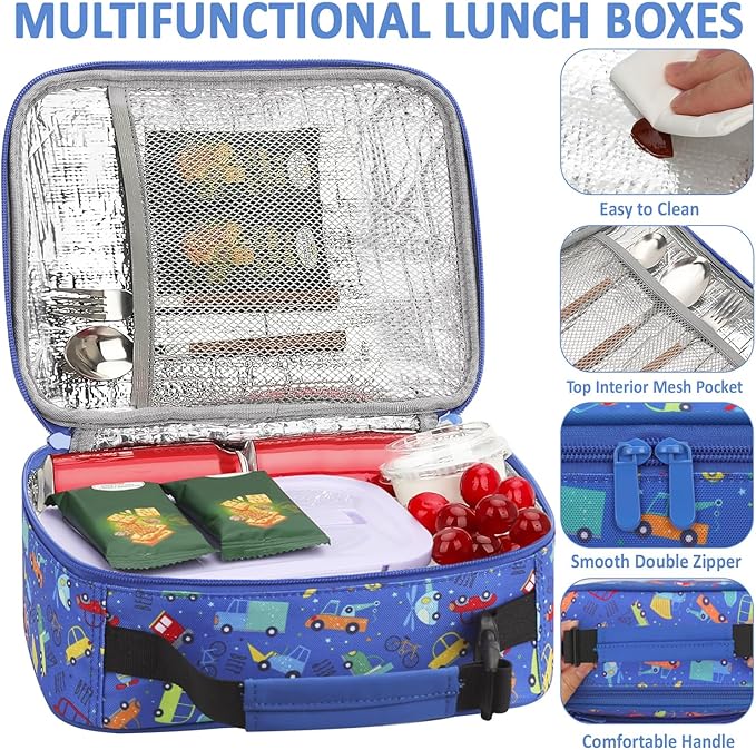 Lunch Box Kids Insulated Lunch Bag for Boys Girls Cute Reusable Lunch Tote Bag Waterproof Portable Thermal Lunch Box Kids for School Picnic Travel Blue Car