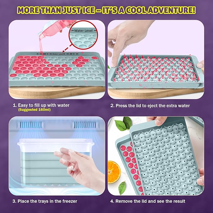 Mini Ice Cube Tray Set & Silicone Ice Cube Tray Set - 8 Trays, 2 Bins, 2 Scoops, 2 Tongs & 4 Straws