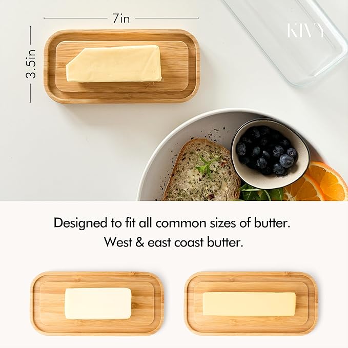 KIVY Butter Dish (White Marble & Glass) - For countertop and refrigerator door shelf - Marble butter keeper - Stone butter dish with lid - Dishwasher Safe