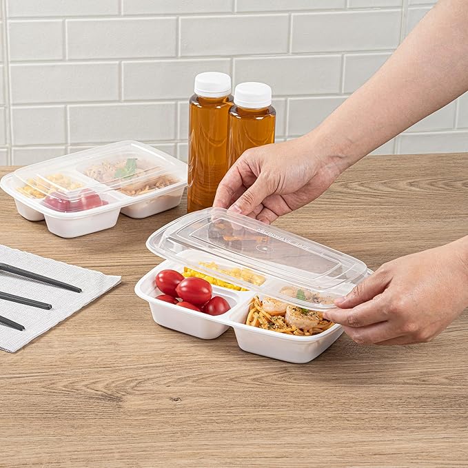 Asporto 26 Ounce Compartment Take Out Boxes, 50 Microwavable Meal Prep Containers - 3 Compartments, With Clear Plastic Lids, White Plastic Food Containers, Do Not Contain BPA - Restaurantware