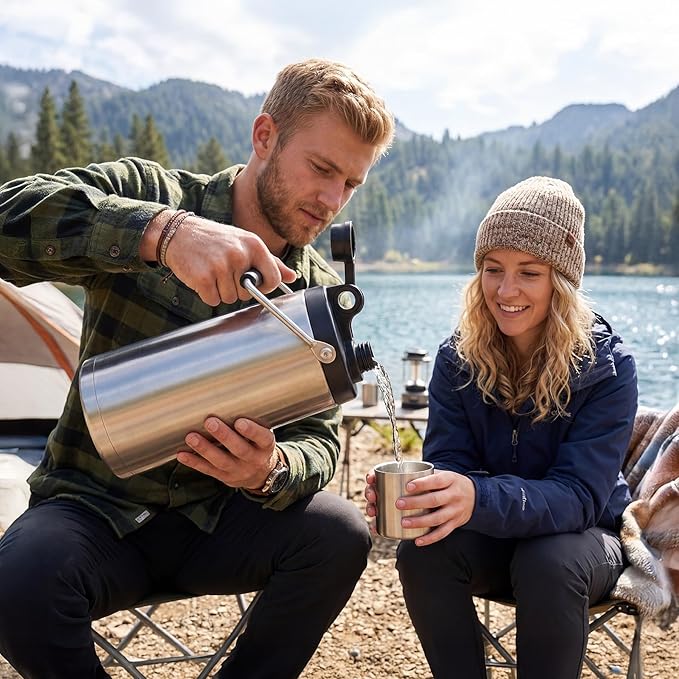 Kerilyn Insulated Half Gallon Jug with Handle, 64oz Stainless Steel, Large Double Vacuum Water Bottle for Hot & Cold Drinks, Wide Mouth, Sweat Proof, Great for Travel, Camping, Black