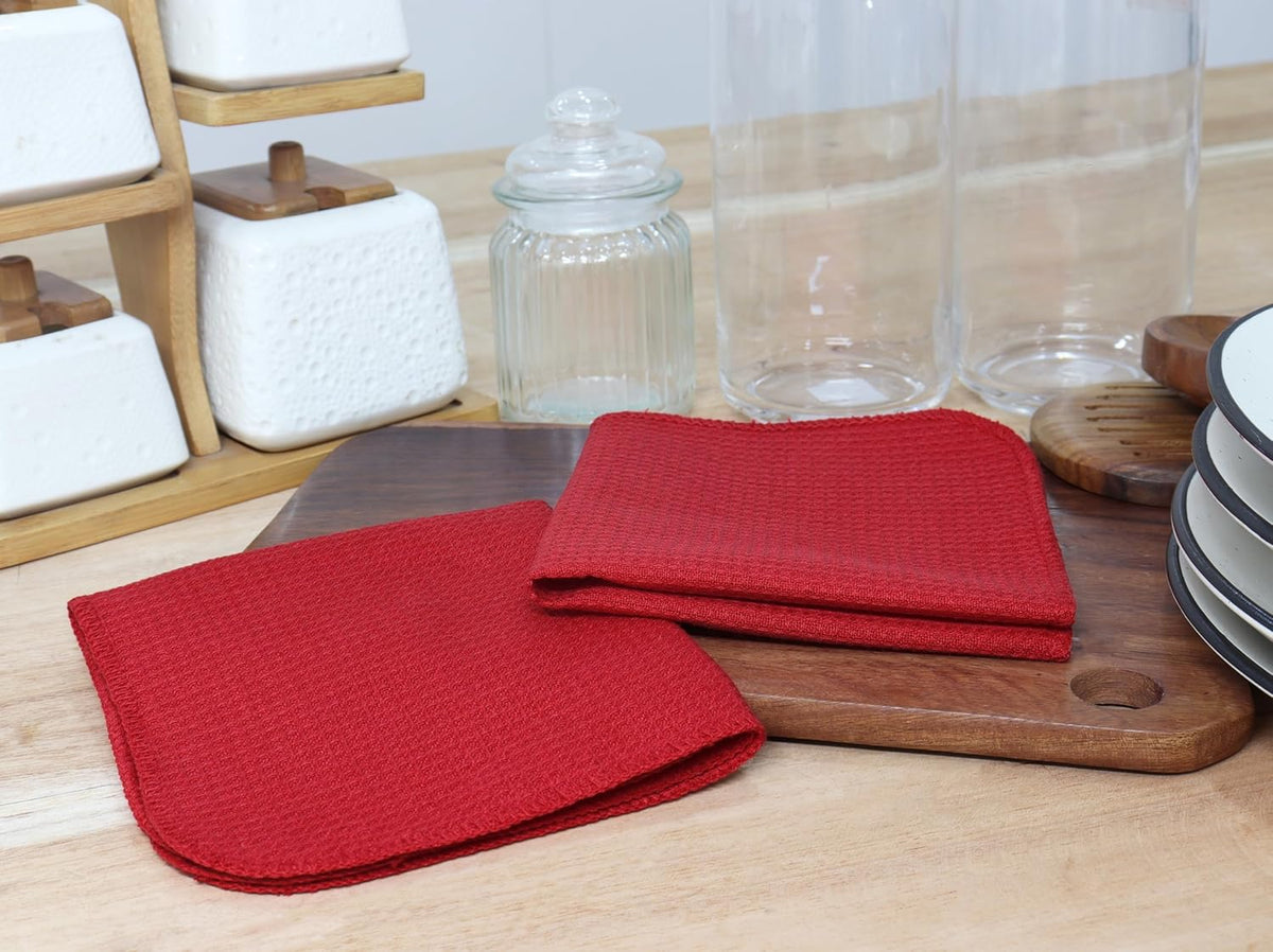 PurpleEssences Dish Cloths and Dish Rags - 8 Pack Waffle Weave Solid Kitchen Dish Wash Cloths, 100% Cotton, 12 x 12 Inches, Ultra Soft Absorbent Quick Drying - Red