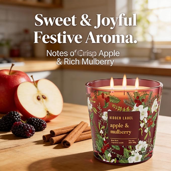 Apple Mulberry Scented Candle, 30oz 3 Wick Large Candle, 100H Long Burn Natural Soy Wax, Sweet Autumn & Winter Holiday Fragrance, Festive Gift for Women & Home Decor | Hidden Label