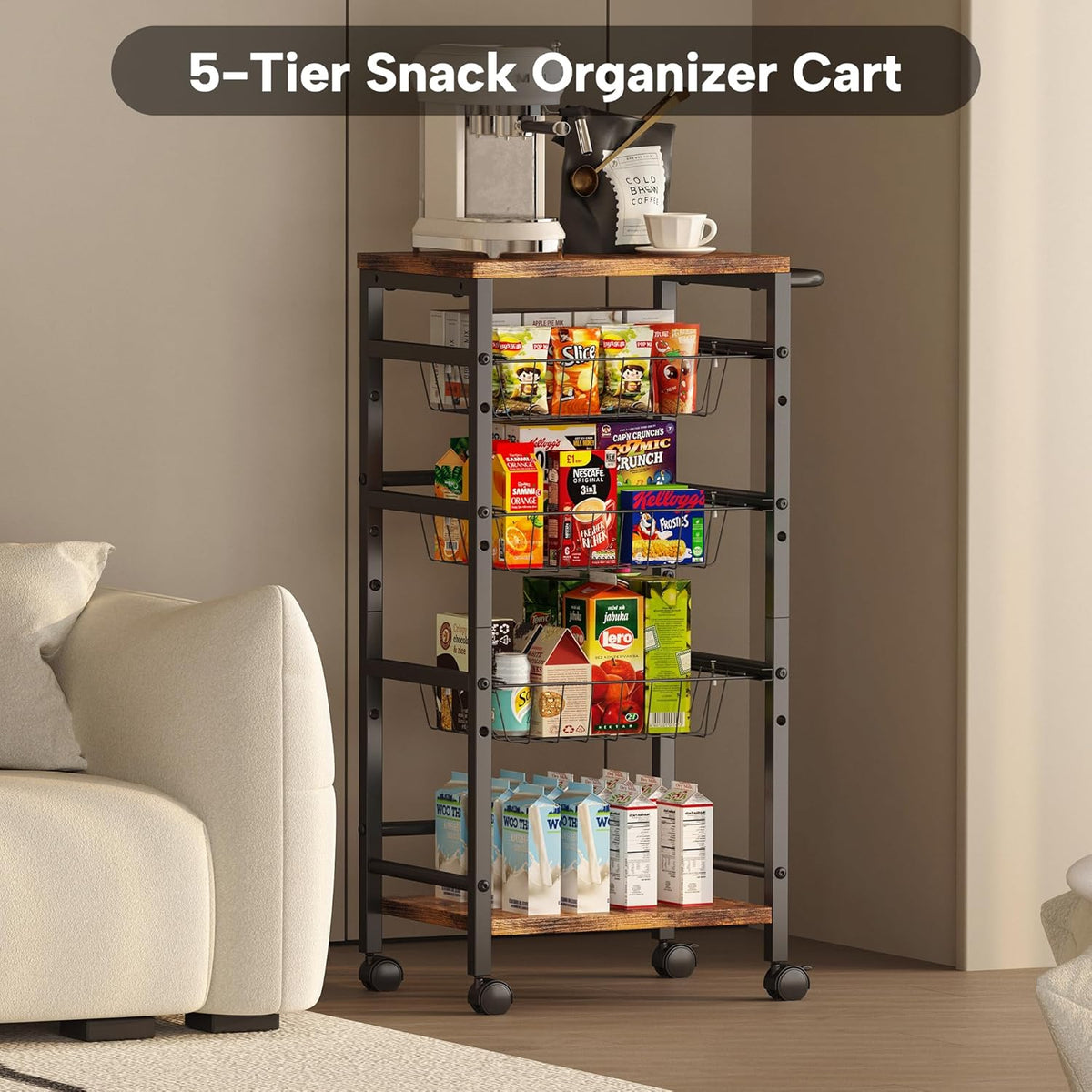 5-Tier Snack Organizer Cart with 3 Height Adjustable Pull-Out Baskets and 2 Storage Shelves, Utility Kitchen Organizer and Storage Cart with Convenient Handle for Fruit Potato Onion Vegetable Snack