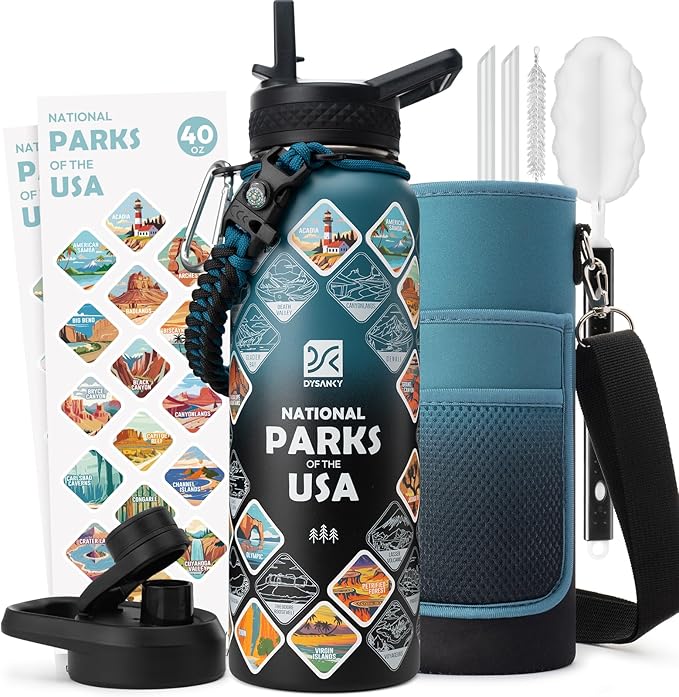 DYSANKY National Parks Water Bottle – 40 oz Insulated Stainless Steel Bottle with 63 Hand-Drawn Park Stickers, Carrier Bag, Strap & Gift Box – BPA-Free – Ideal for Hiking, Camping & Travel