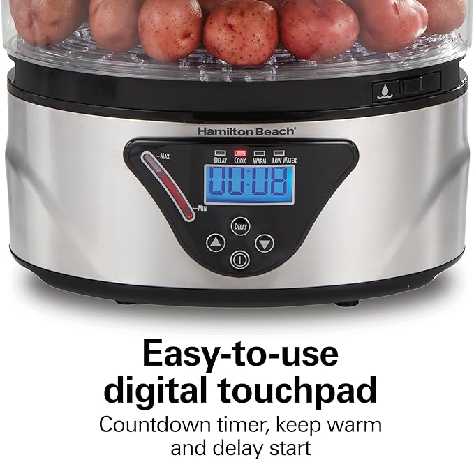 Hamilton Beach Digital Electric Food Steamer & Rice Cooker for Quick, Healthy Cooking for Vegetables and Seafood, Stackable Two-Tier Bowls, 5.5 Quart, Black & Stainless Steel