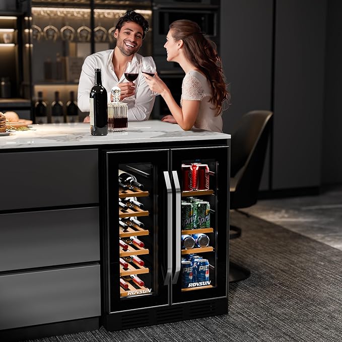 ROVSUN 34 Bottle Wine Fridge - Dual Zone Beverage Refrigerator w/Independent Temp Control & LED Panel, Built-in/Freestanding/Under Counter Chiller for Red/White Wine, Champagne, Beer