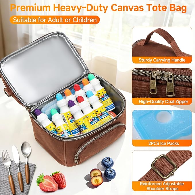 Lunch Box with Ice Packs, Waxed Canvas Lunch Bag for Men, 10.5L Leakproof Insulated Lunch Cooler for Men Work, Dual Compartment Soft Cooler for Work, Camping, Beach & Road Trips