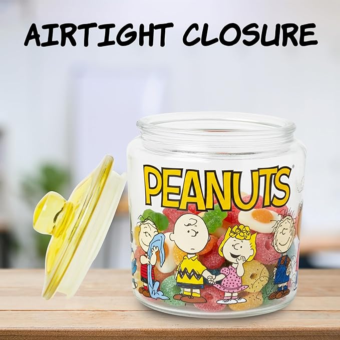 Silver Buffalo Peanuts Squad Featuring Charlie Brown, Snoopy, Schroeder, Lucy, Linus, Sally, Pigpen, Woodstock, and Franklin Glass Cookie Snack Candy Jar with Lid (Small)