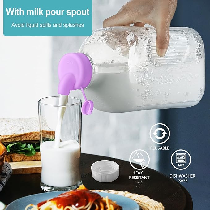 Ritayedet 3 Pack 64 Oz Heavy Duty Glass Milk Bottle with 2 Silicone Spouts, 4 Handles and 4 Reusable Airtight SCREW LIDS, 2 Qt Glass Water Bottle with 2 Exact Scale Lines - Milk & Juice Jug Pitcher