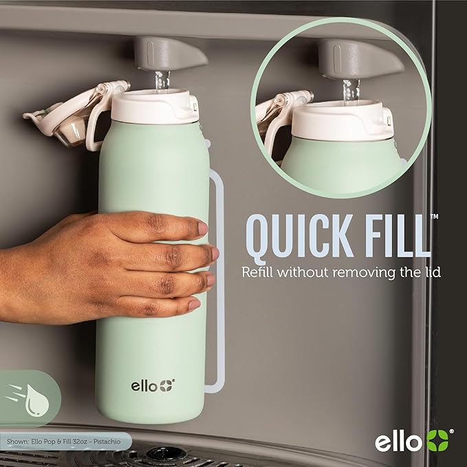 Ello Pop & Fill 32oz Stainless Steel Water Bottle with Quick Fill Technology, Double Walled and Vacuum Insulated Metal, Leak Proof Locking Lid, Sip and Chug, Reusable, BPA Free, Coastal Sunrise