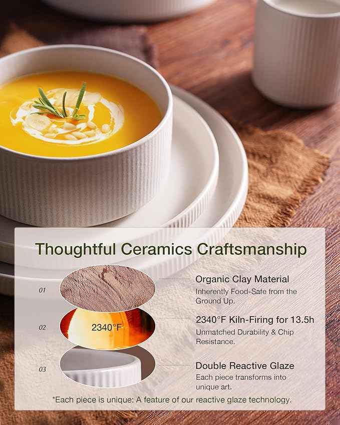 famiware Star Dinnerware Set with Mugs, Service for 6 (24 Pieces), Ribbed Stoneware Plates and Bowls Dishes Sets - Chip & Scratch Resistant, Microwave & Dishwasher Safe, Matte White