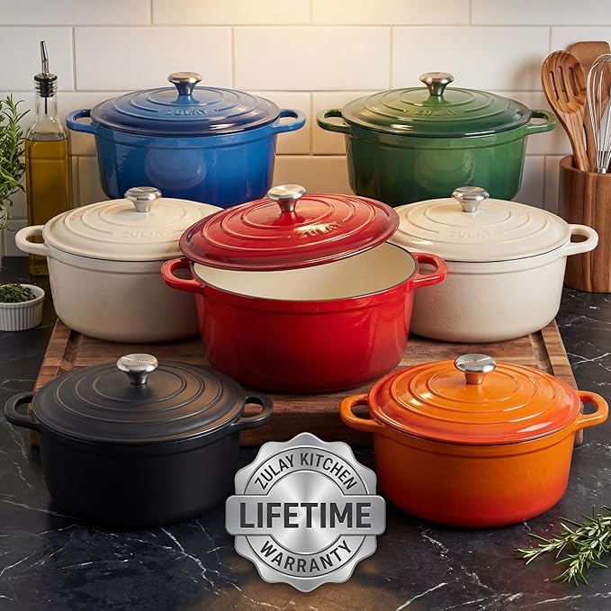 Zulay Kitchen 6.4 Quart Enameled Cast Iron Dutch Oven Pot with Lid – Premium Durability & Oven Safe up to 500°F – Heavy Duty Cookware Perfect for Bread Baking, Stews, Braising & Roasting - Ablaze Red