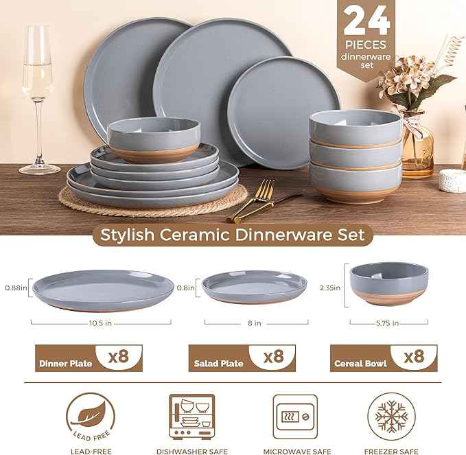 AmorArc Ceramic Dinnerware Sets for 8, 24 Pieces Handpainted Plates and Bowls Set with Rustic Terracotta Underside, Scratch Resistant Stoneware Dishes Set, Dishwasher & Microwave Safe
