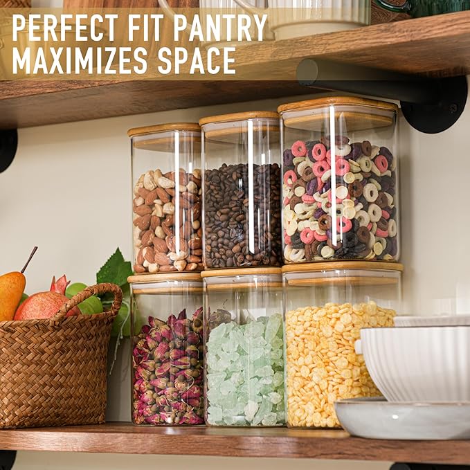D2scrma 37oz Airtight Glass Square Storage Canister with Bamboo Lid Set of 4 (1100ml) Container Stackable Jar, Kitchen Canister for Pantry Noodles, Flour and Coffee beans (‎with Black Lable)