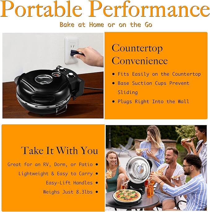 Crispy Crust Pizza Oven-12" Electric Pizza Maker Machine for Home, Pizza Cooker Countertop Maker with Ceramic Stone Heats Up to 800˚F Pizza Oven Indoor, Black