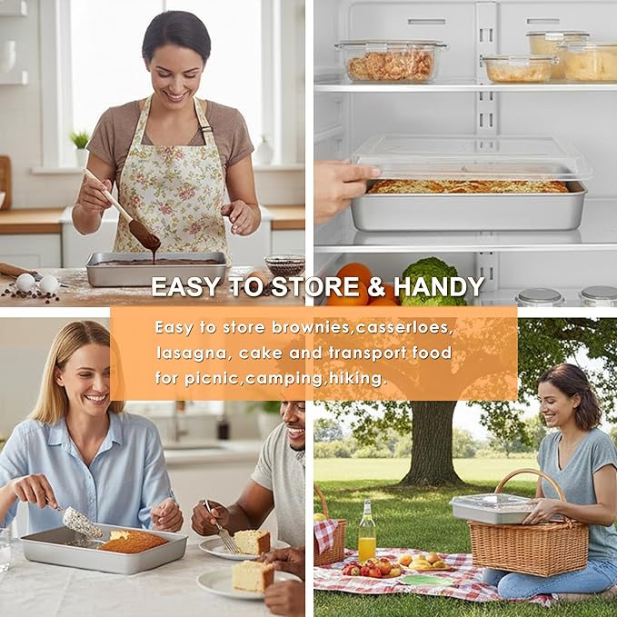 E-far Small Baking Pan with Lid, 9.4”x 7” x 2” Stainless Steel Rectangle Sheet Cake Pans for Toaster Oven, Metal Covered Bakeware for Cakes Brownies Casseroles, Non-toxic & Dishwasher Safe - Set of 2