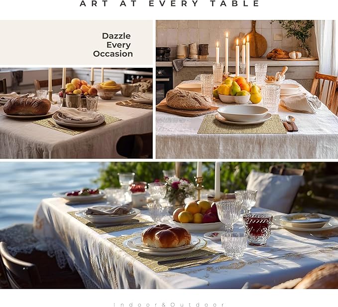 Leetaltree Gold Placemats Set of 8 - Heat Resistant Non-Slip Place mats for Dining Table, Washable Durable PVC Vinyl Woven Table Mats(Luxury Gold, 8)