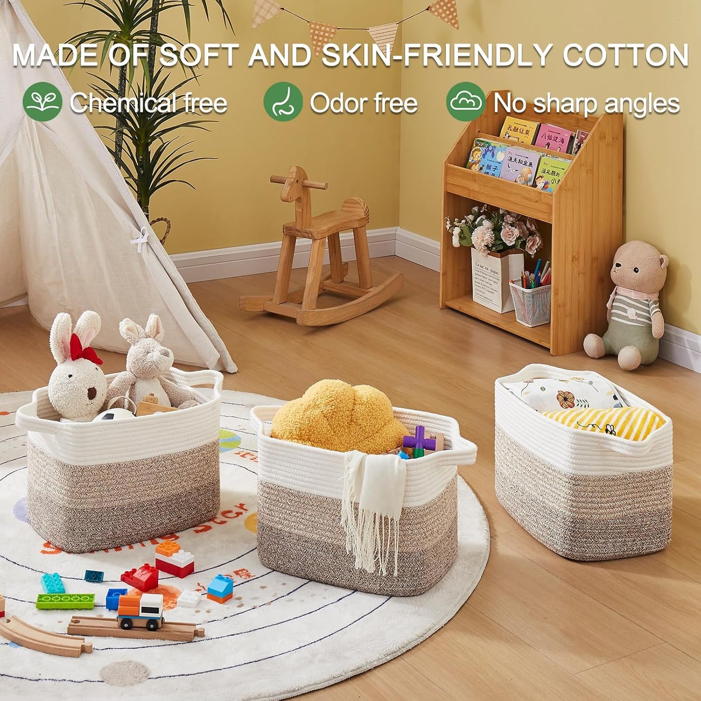 Storage Baskets for Organizing, Woven Baskets for Shelves, Rectangle Decorative Organizer for Storage Clothes, Toy, Books, Towels Nursery Bins 3 Pack (Gradient Grey)