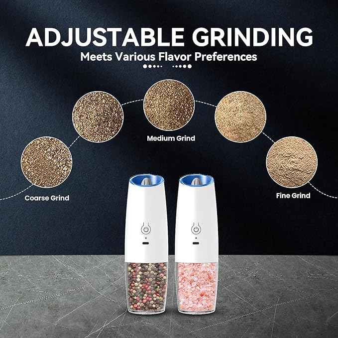 Rechargeable Electric Salt and Pepper Grinder set of 2, gravity electric salt and pepper grinder set, Adjustable Roughness, LED Light, 2 Pack, (White)