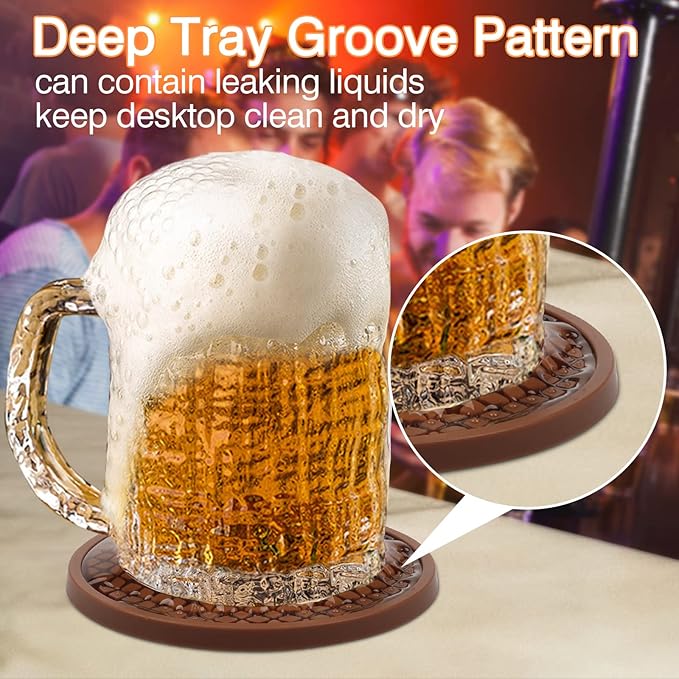 3 Pack Silicone Coasters for Drinks, Thickened Coaster with Deep Tray Grooved Design Cup Mat, Washable Heat Resistant Durable Non-Slip Coasters for Coffee Table Wooden Desk Kitchen Bar (Brown)