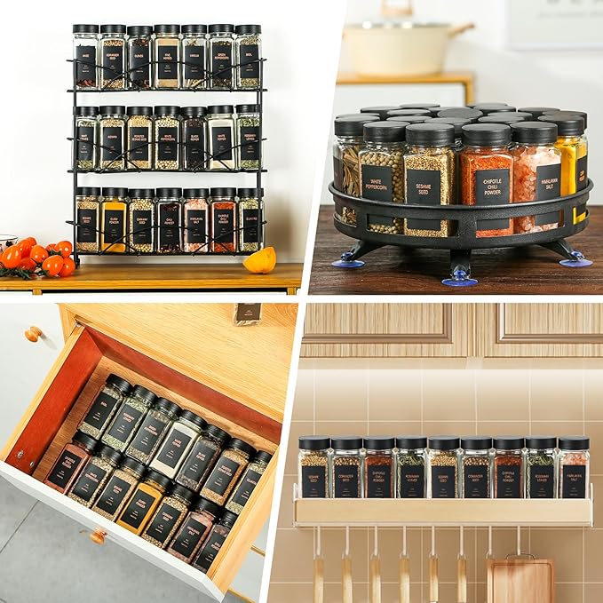Spice Jars with Label，4oz Glass Spice Bottles With Shaker Lids，Seasoning Containers with Funnel, Chalk Pen for Cabinet，Drawer，Rack (Black, 36)