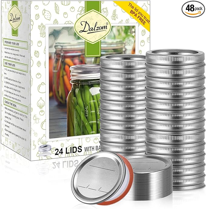 Dalzom® 24Pcs Canning Lids with 24Pcs Rings Regular Mouth, Premium Mason Jar Lids with Bands/Rings for Ball, Kerr Jars - Food Grade Material, 100% Fit & Airtight for Regular Mouth Mason Jars