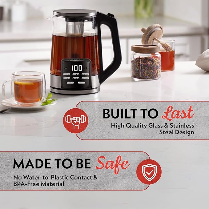 Gourmia Electric Glass Kettle – 1.7L Programmable Tea & Coffee Brewer with Digital Touch Display, 6 Presets, Removable Stainless Steel Infuser, Cordless with 360° Swivel Base, Red