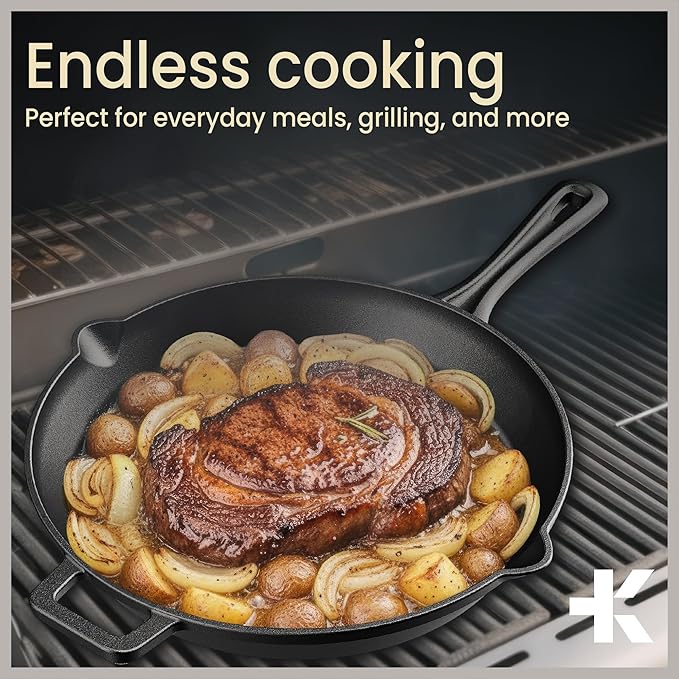 Bakken Pre Seasoned Cast Iron Skillet with Glass Lid & Silicone Handle,12" Frying Pan for Stove, Oven, Grill & Induction, Even Heat Distribution, Versatile All-Purpose Cookware for Searing & Frying