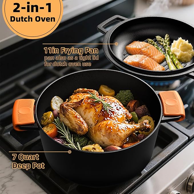 2-in-1 Pre-Seasoned Cast Iron Double Dutch Oven Pot with Skillet Lid & Silicone Sleeves – Raised Rib Skillet Lid– Umite Chef 7QT Cast Iron Skillet Cookware Pan Set wirh Dual Handles – Oven, Grill, Campfire & Stovetop Safe –PFAS-Free
