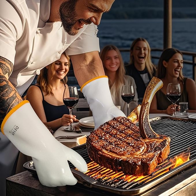 DEYAN Silicone BBQ Gloves - 600°F Heat Resistant Oven Mitts for Grilling, Smoking & Baking - Waterproof, Oil Proof Non-Slip Kitchen Gloves for Cooking, Frying, BBQ Accessories (White, 10/XL)