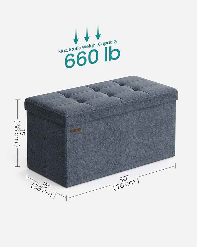 SONGMICS Mazie Collection - 30 Inches Folding Storage Ottoman Bench, Ottoman Foot Rest, End of Bed Bench, Storage Chest, Load 660 lb, for Living Room, Bedroom, Entryway, Misty Blue ULSF047Q01
