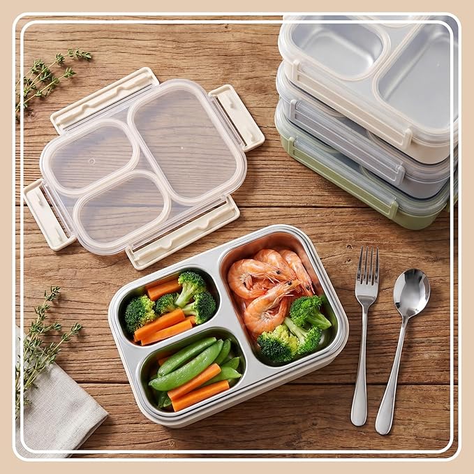 3 Pack Stainless Steel Lunch Box for Kids 25oz 3 Compartment Leak-proof Metal Bento Box with Lid Fork Spoon Meal Prep Snack Container for Adults Office Outdoor Gym, Dishwasher Safe