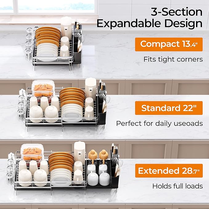 Delamu Stainless Steel Dish Drying Rack, Expandable Dish Drainer, Anti-Rust Large Dish Racks for Kitchen Counter, Dish Strainers with Drainboard, Utensil Holder & Cup Holder, 13.4"-28.7" L x 11.8" W