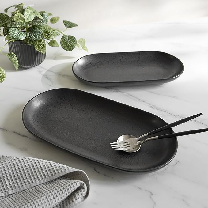 SANGO Anderson Serving Platters Set of 2, 14/12 Inch Stoneware Serving Dishes for Entertaining, Semi-Matte Party Serving Trays for Food, Buffet Oval Platters for Bread, Appetizer, Cheese, Matte Black