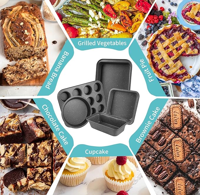 Baking Pans Set, 5 Piece Grey Marble Nonstick Bakeware with 100 Cupcake Liners – Stackable Carbon Steel Set for Small Kitchens, Apartments, Home Baking and Gifts