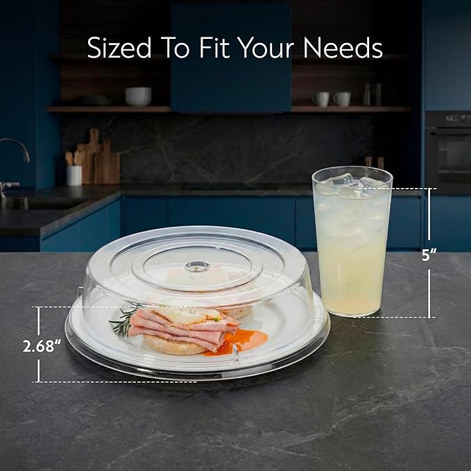 Restaurantware Cater Tek 11 Inch Polycarbonate Plate Covers 10 Shatterproof Dish Covers - Dishwashable For 11 Inch Plates Clear Plastic Splatter Covers Finger Hole Design Endures Up To 210F
