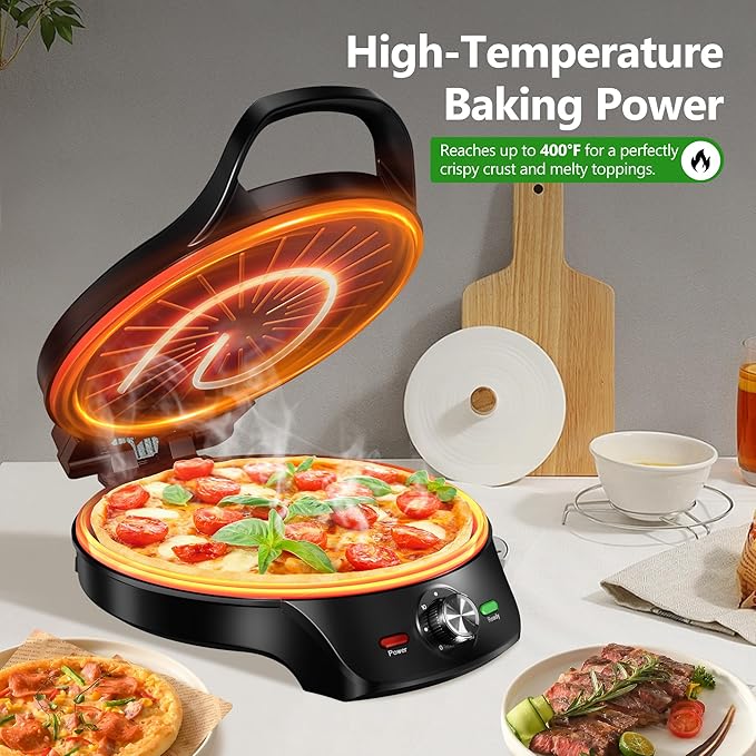 KEINVE 1500W Electric Griddle, 2-in-1 Indoor Griddle and Pizza Maker with 30-Min Timer and Auto Shut-Off, 12" 180° Open for BBQ, Steak, Burgers, Salmon, Veggies, and More